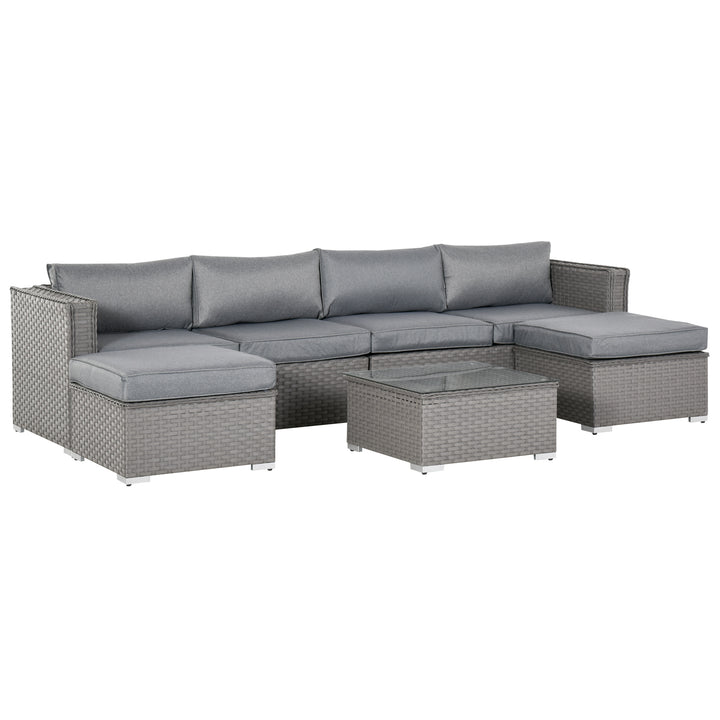 5 PCs PE Rattan Wicker Corner Sofa Set Bonzer Outdoor Conservatory Furniture Lawn Patio Tea Table Footstool w/ Cushion - Grey