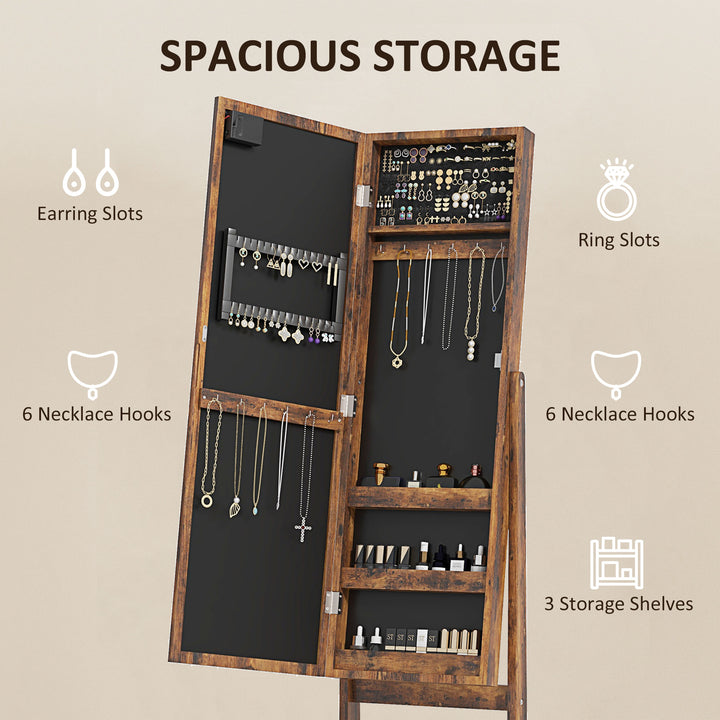 Freestanding Mirror Jewelry Cabinet with LED Lights, Jewellery Organiser with 3 Angle Adjustable, Full-Length Mirror with Storage for Earrings, Necklaces, Rings and Lipsticks, Rustic Brown