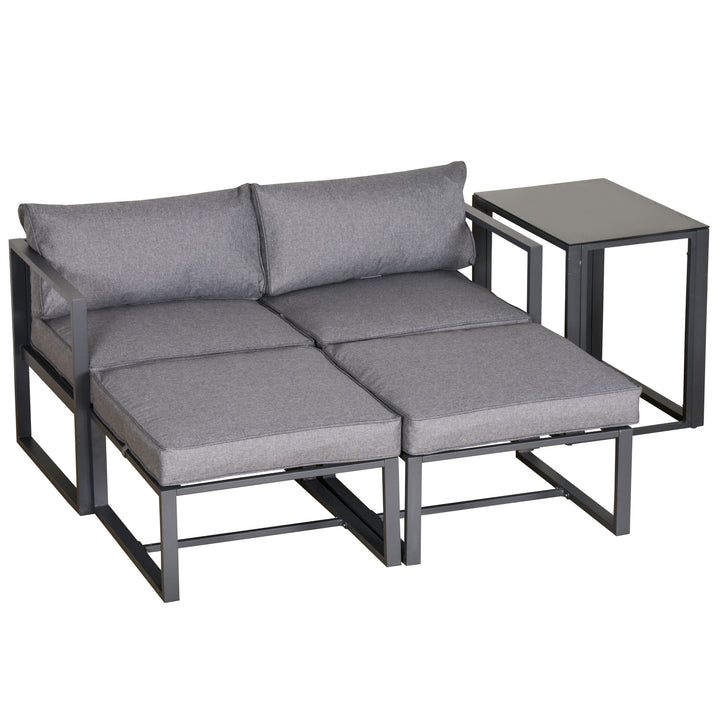 5 Piece Garden Aluminium Conversation Sofa Set Patio Furniture Set Outdoor 2 Sofas 2 Footstools End Table with Cushions
