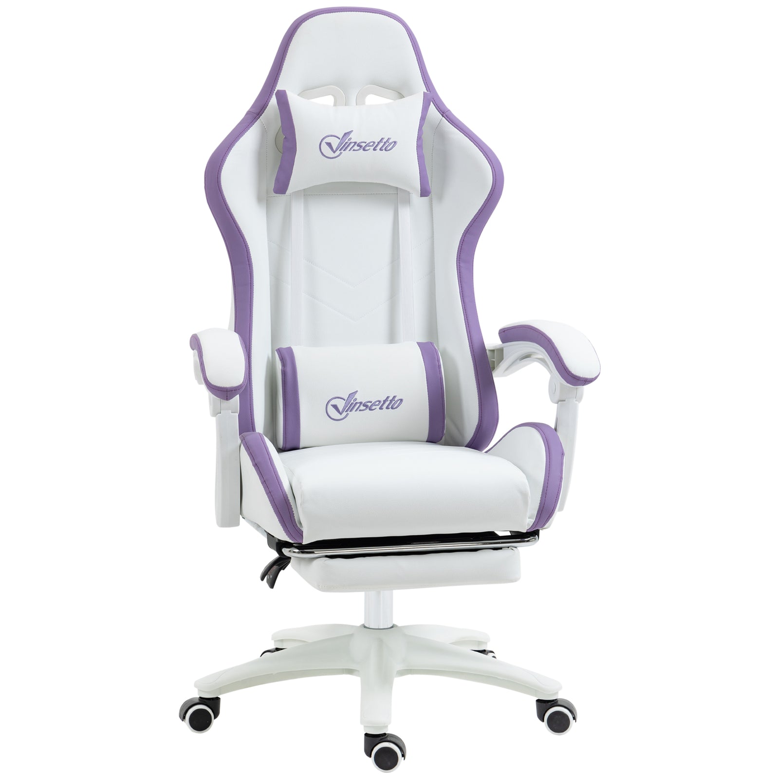 Computer Gaming Chair, PU Leather Office Desk Chair with Footrest, Swivel Wheels, 135° Reclining Back, Lumbar Support, Headrest for Home, White and Purple