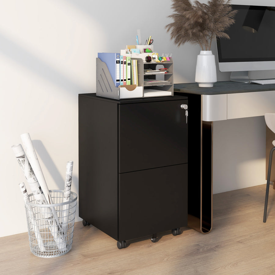 2-Drawer Vertical Filing Cabinet with Lock and 5 Wheels, Steel Mobile File Cabinet, for A4, Legal and Letter Size, Pre-Assembled Body, Black
