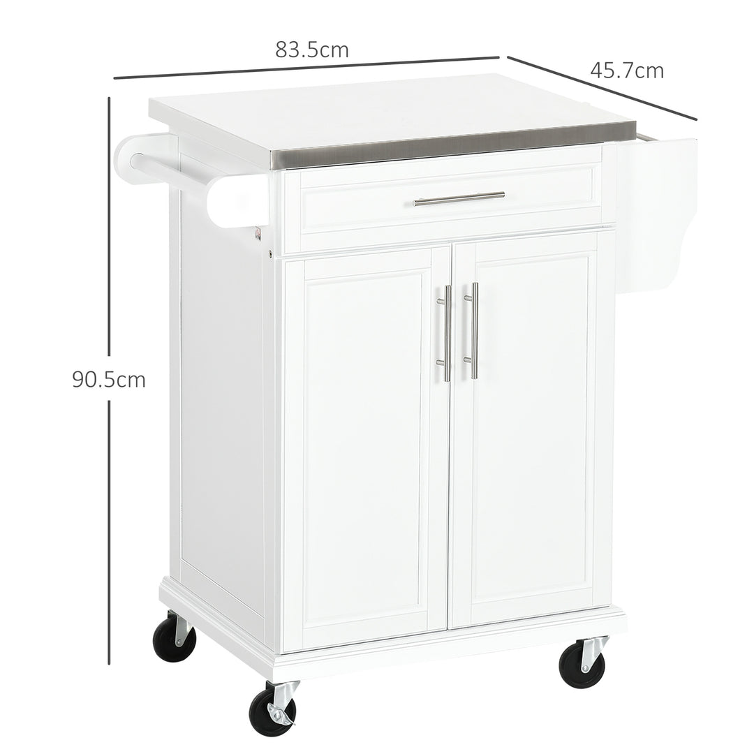 HOMCOM White Wooden Freestanding Kitchen Island on Wheels, Serving Cart Storage Trolley w/ Stainless Steel Top, Drawer, Side Handle & Rack | Aosom UK