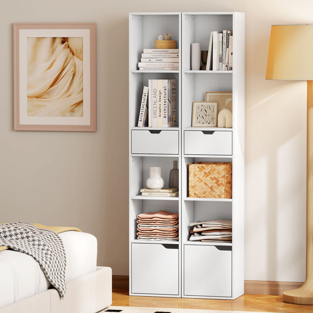 MCL 6-Tier Bookcase, Tall Narrow Bookshelf with Drawer and Door - White