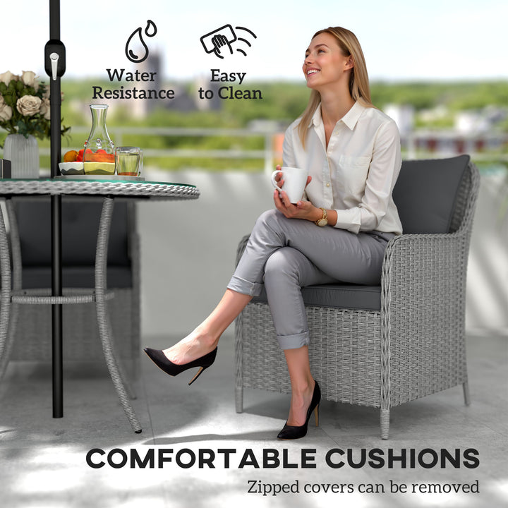 4 Seater Rattan Dining Set with Parasol & Cushions - Light Grey