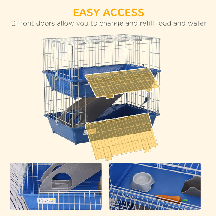 PawHut Small Animal Cage, Metal 2-Tier, Spacious, Secure, Easy Clean, Blue | Aosom UK