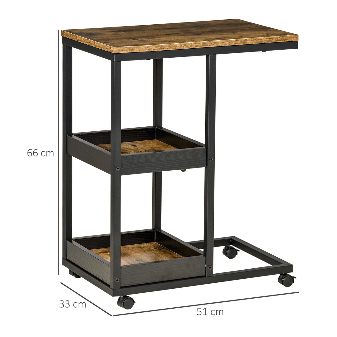 Mobile Sofa Side Table Set of 2, Industrial C-Shaped Rolling Couch Table with 3-Tier Storage Shelving Four Lockable Wheels Steel Frame, Dark Brown