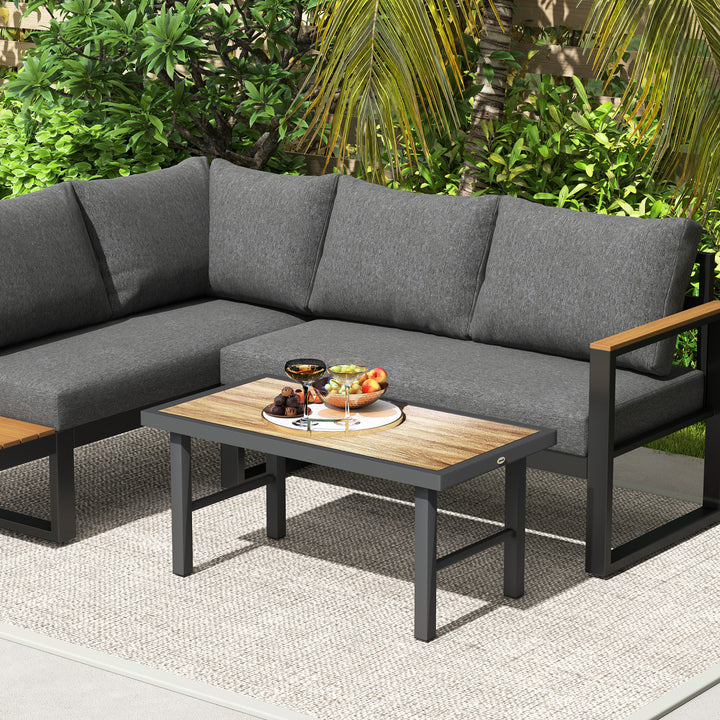 Metal Garden Coffee Table, Outdoor Side Table with SPC Woodgrain Tabletop for Outside, Garden, Balcony, Porch, 100 x 53 x 46cm, Brown Wood Effect