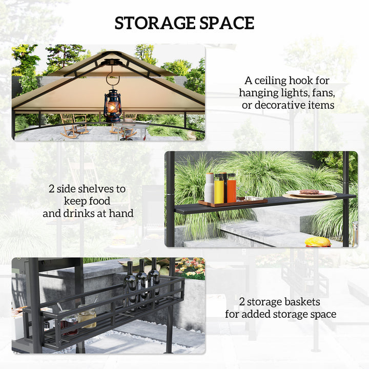 8' x 5' Grill Gazebo Canopy, Double Tiered Outdoor BBQ Gazebo Shelter with 2 Side Shelves, Storage Baskets, Hook for Garden, Patio, Barbecue, Picnic, Beige