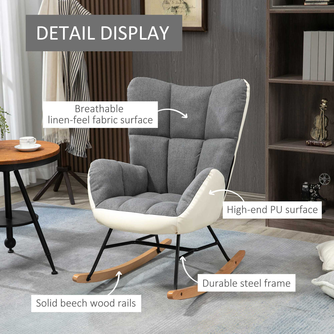 HOMCOM Rocking Chair for Nursery, Upholstered Wingback Armchair with Steel and Wood Legs for Living Room, Bedroom, Balcony, Grey and Cream | Aosom UK