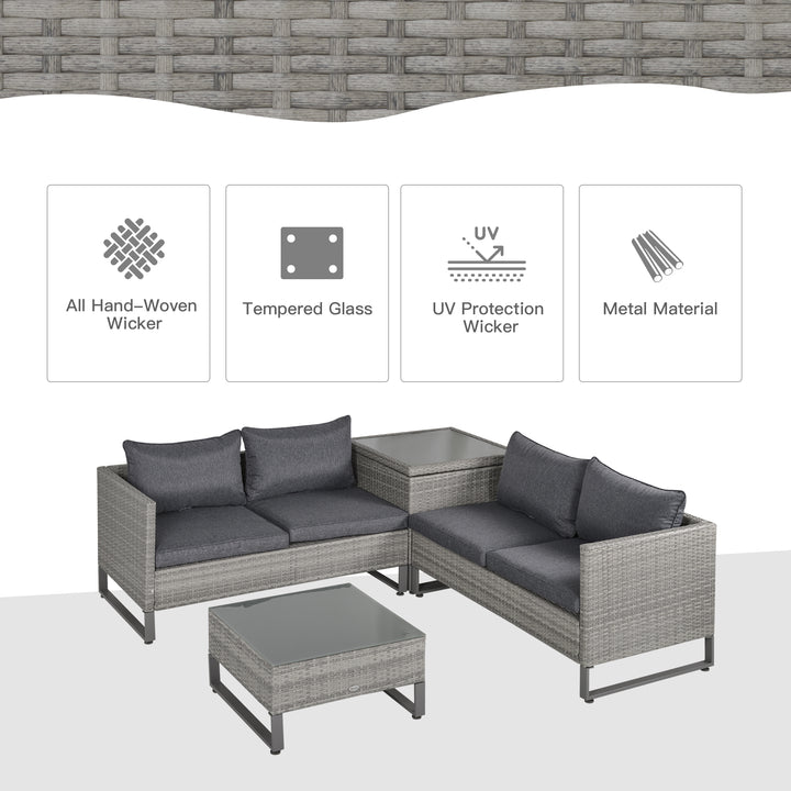 4 Pieces Rattan Garden Furniture Set, 4 Seater Garden Sofa Set with Storage Box, Loveseats and Glass Top Table, Wicker Outdoor Conservatory Furniture with Cushions for Outdoor, Patio, Grey