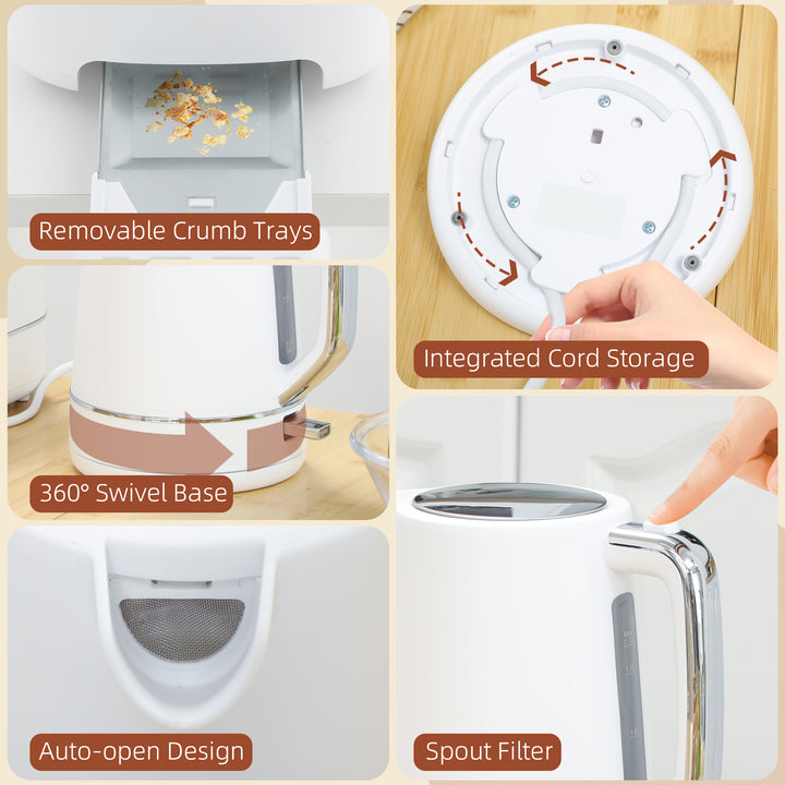 Kettle and Toaster Set, 1.7L 3000W Fast Boil Kettle & 2 Slice Toaster Kitchen Set with 6 Level Browning Controls, Defrost, Reheat, White
