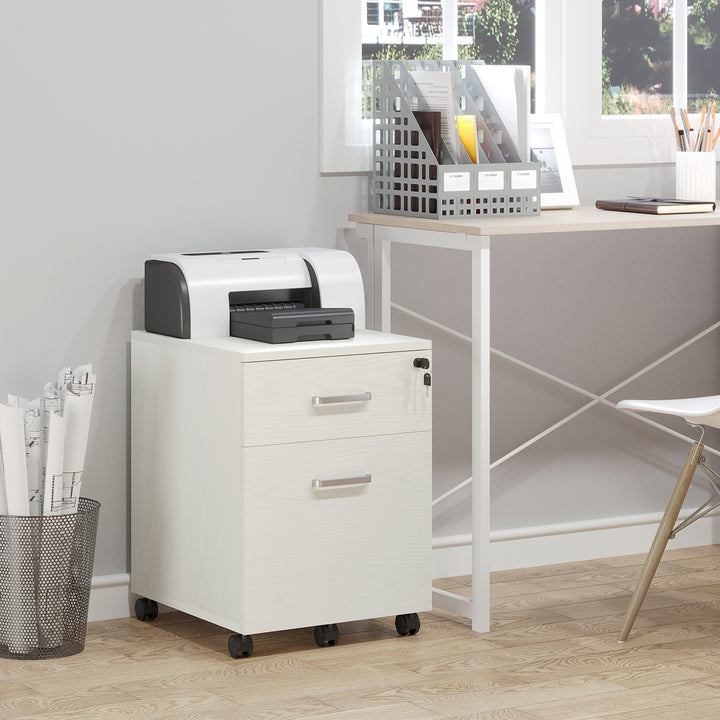 2-Drawer Locking Office Filing Cabinet w/ 5 Wheels Rolling Storage Hanging A4 Cupboard Home Organisation White Wood Grain