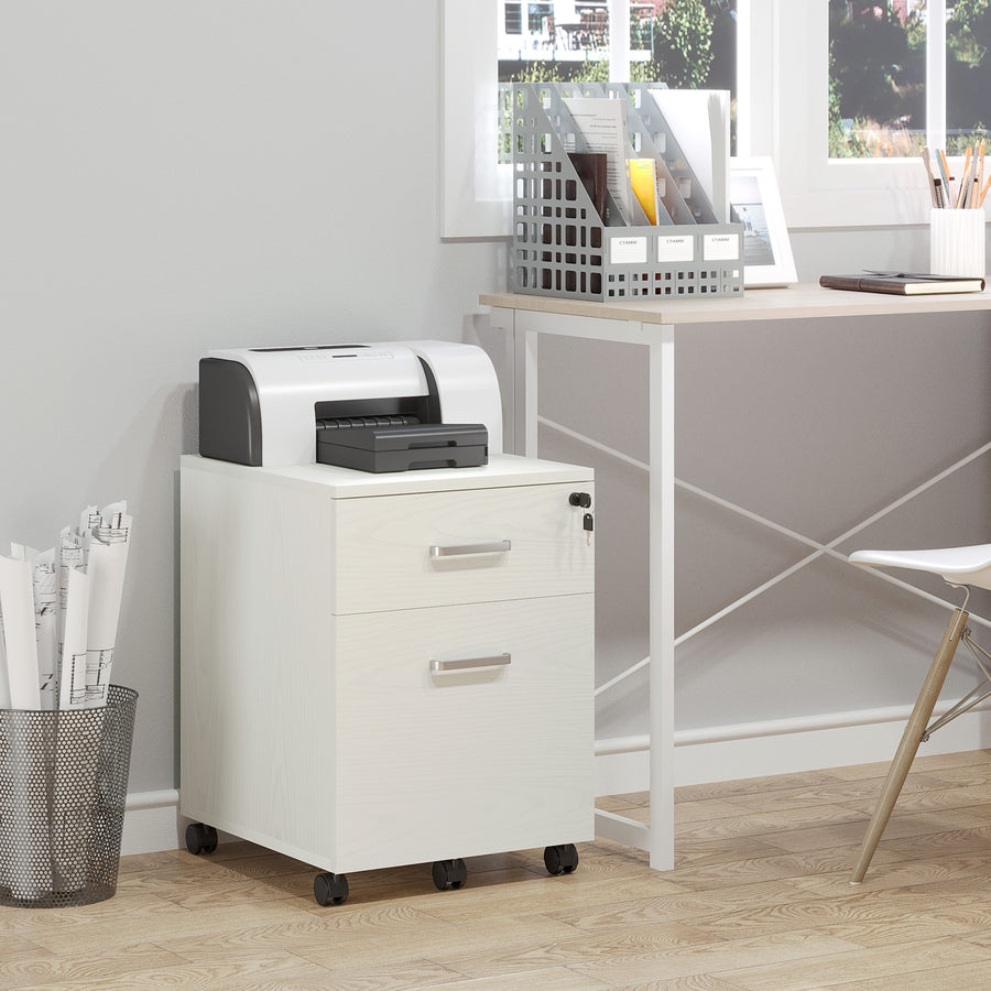 2-Drawer Locking Office Filing Cabinet w/ 5 Wheels Rolling Storage Hanging A4 Cupboard Home Organisation White Wood Grain
