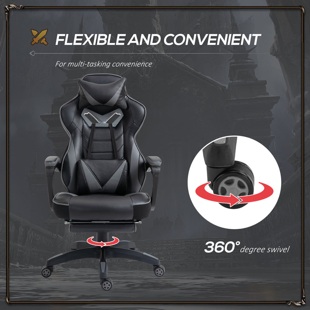 Computer Gaming Chair, Racing Desk Chair with Lumbar Support and Footrest, PU Leather Gamer Chair with Headrest and Swivel Wheels for Home, Grey