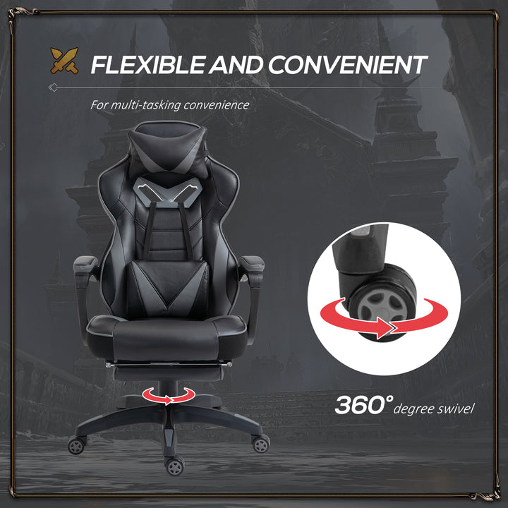 Computer Gaming Chair, Racing Desk Chair with Lumbar Support and Footrest, PU Leather Gamer Chair with Headrest and Swivel Wheels for Home, Grey