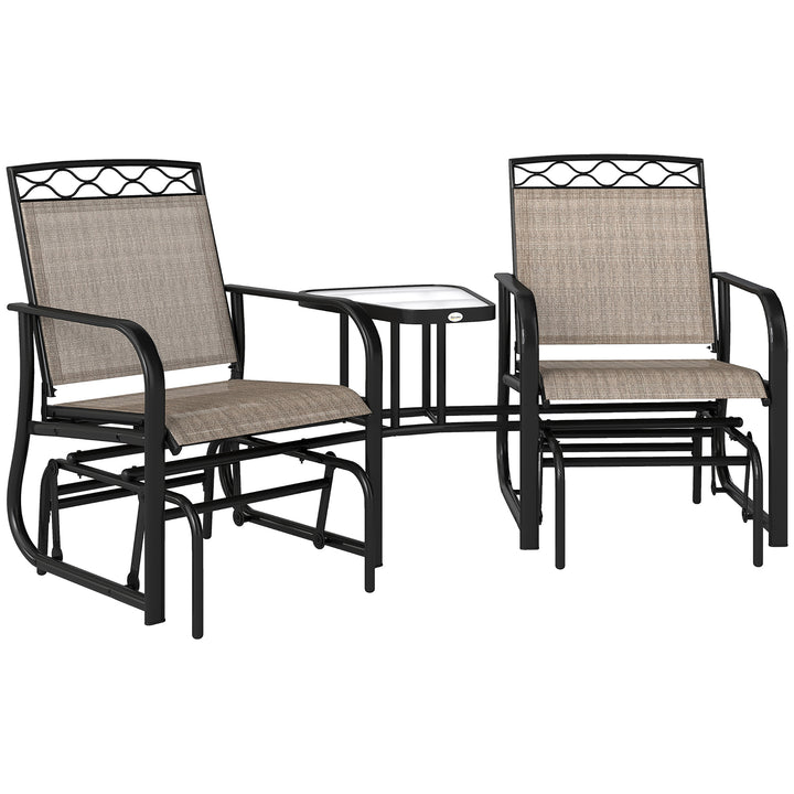 MCL Double Outdoor Glider Chair, 2 Seater Patio Rocking Chairs, Swing Bench with Tempered Glass Table, Breathable Mesh Fabric for Backyard, Garden, Porch, Brown