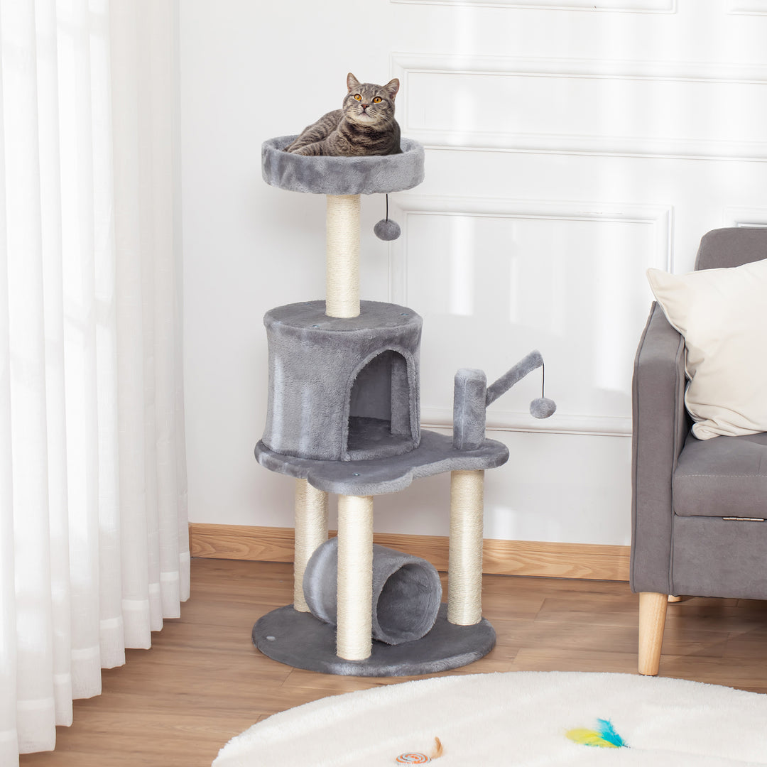 PawHut Cat Tree Tower Climbing Activity Center Kitten Furniture with Jute Scratching Post Bed Tunnel Perch Hanging Balls Grey | Aosom UK