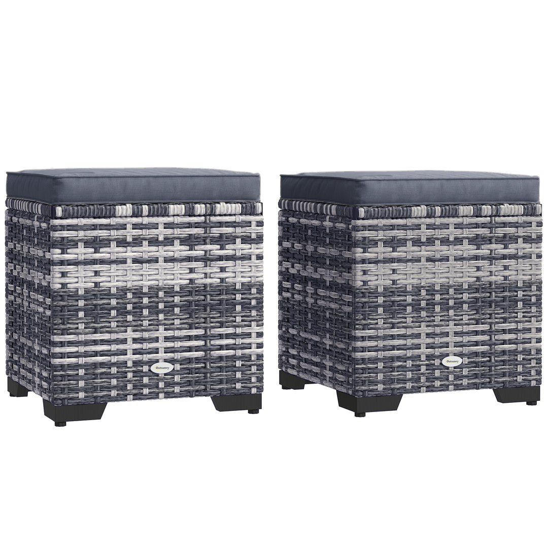 Set of 2 Rattan Storage Ottoman, Outdoor Footstool with Removable Cushions, Garden Storage Seat for Balcony, Poolside, Living Room, Dark Grey