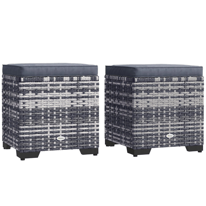 Set of 2 Rattan Storage Ottoman, Outdoor Footstool with Removable Cushions, Garden Storage Seat for Balcony, Poolside, Living Room, Dark Grey
