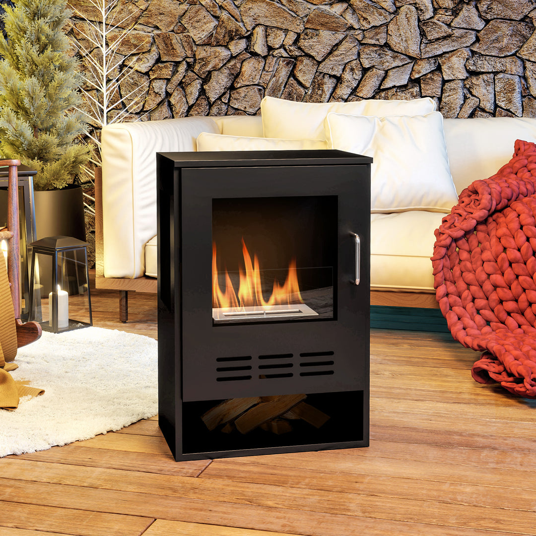 Ethanol Fireplace Stove with Shelf, Freestanding Bioethanol Fire, Indoor Ethanol Burner with 0.9 Litres Volume, Burns for Up to 3.3 Hours, 27 Inch, Black
