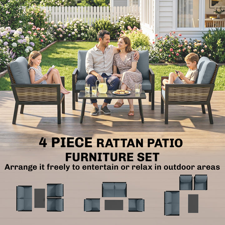 4 Seater Rattan Garden Furniture Set with 2 Armchairs, Loveseat, Coffe