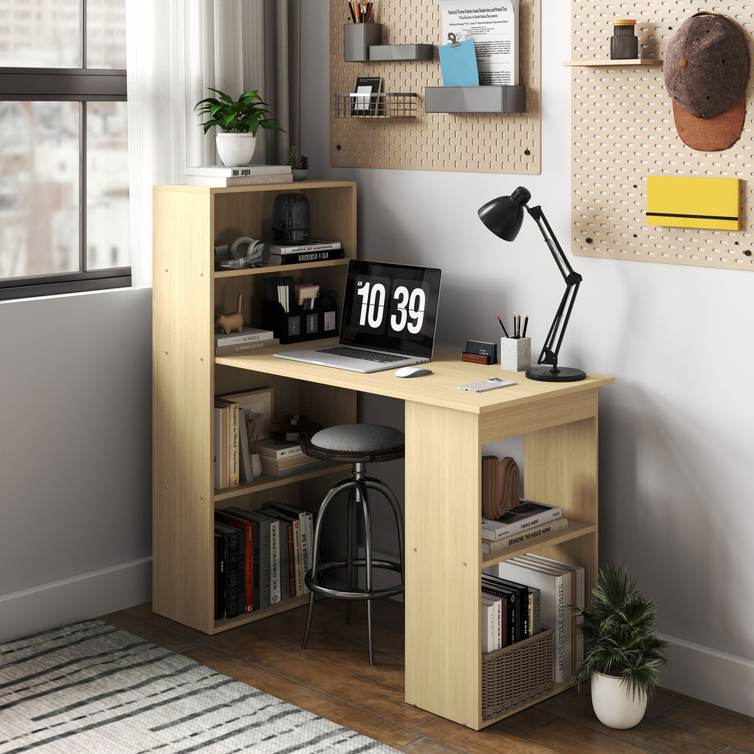 120cm Computer Desk, Wooden PC Laptop Table with 6-Tier Storage Bookshelves, Home Office Working Study Desk, Writing Workstation, Natural Wood
