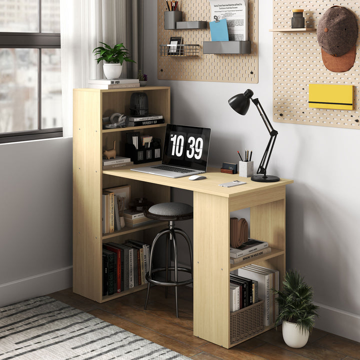 120cm Computer Desk, Wooden PC Laptop Table with 6-Tier Storage Bookshelves, Home Office Working Study Desk, Writing Workstation, Natural Wood