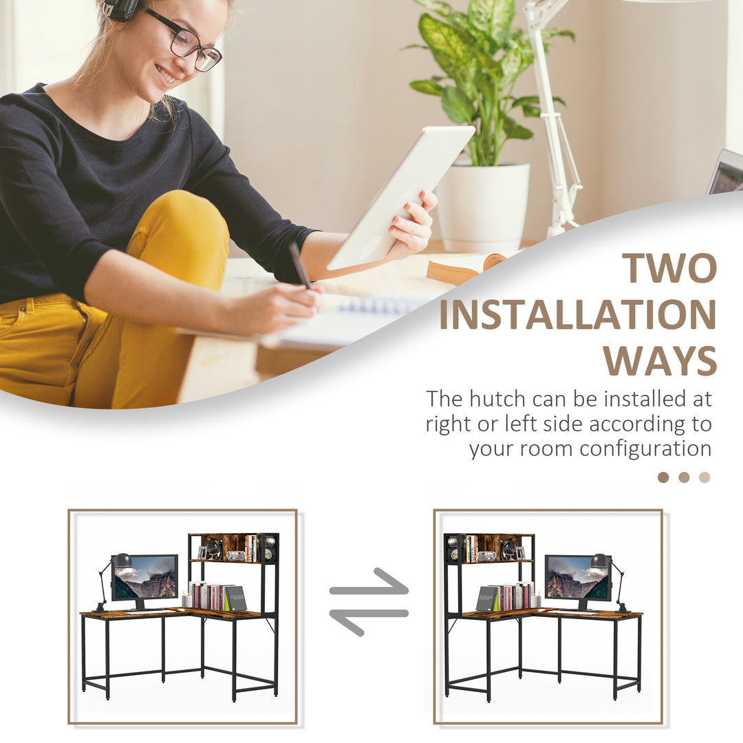 MCL L Shaped Desk with Book Shelf, Industrial Corner Computer Desk, Writing Table with Steel Frame for Home Office, Bedroom, Study Room, 140 x 125cm, Brown