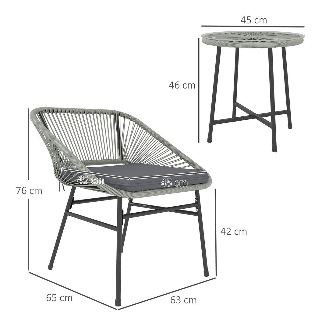 3 Pieces Rattan Bistro Set, Wicker Small Garden Table and Chairs Set with Cushions and Glass Top Coffee Table, Bistro Garden Furniture Set for Outdoor, Patio, Balcony, Light Grey