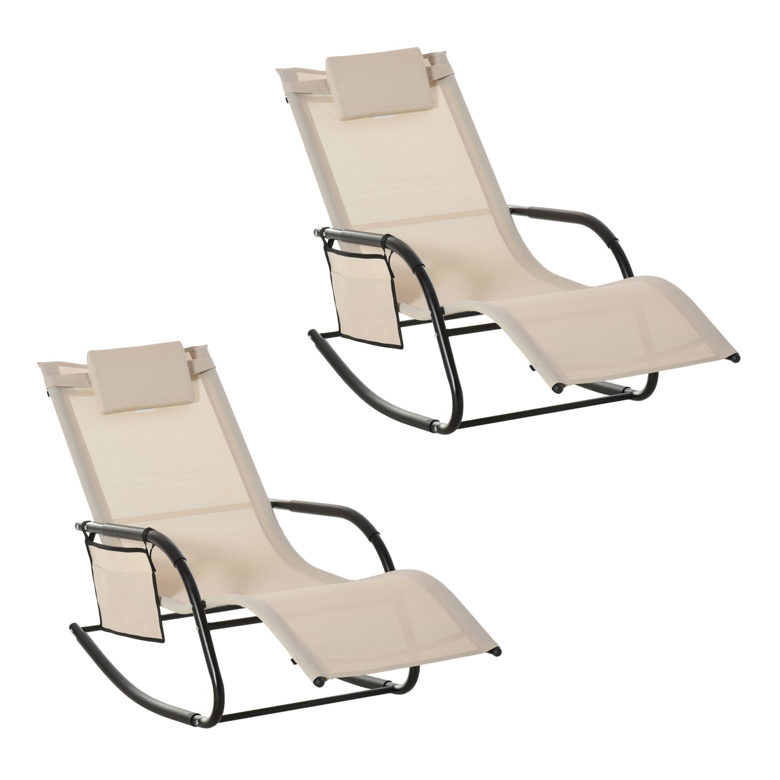 2PCs Outdoor Garden Rocking Chair, Patio Sun Lounger Rocker Chair with Breathable Mesh Fabric, Removable Headrest Pillow, Armrest, Side Storage Bag, Cream White