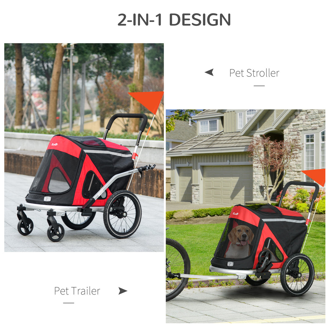 PawHut Aluminium 2-in-1 Foldable Dog Bike Trailer & Pet Stroller for Medium Dogs, Portable with Safety Flag, Red | Aosom UK