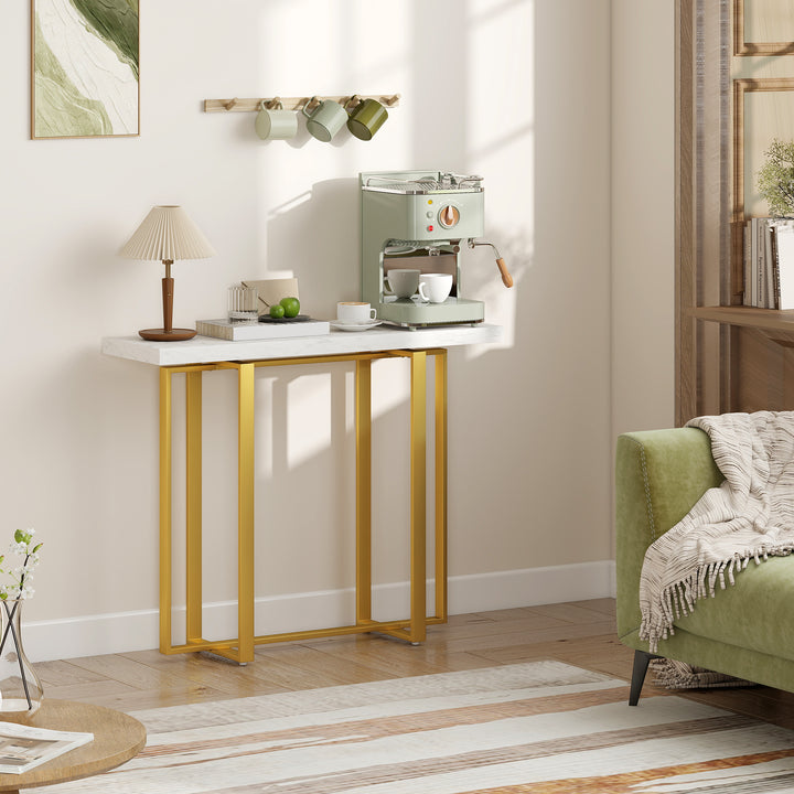 Console Table with Faux Marble Top, 100 cm Narrow Entryway Table with Anti-tipping Device, Steel Frame