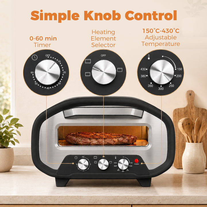 Electric Pizza Oven, Pizza Maker with 3 Knob Control and Ceramic Stone