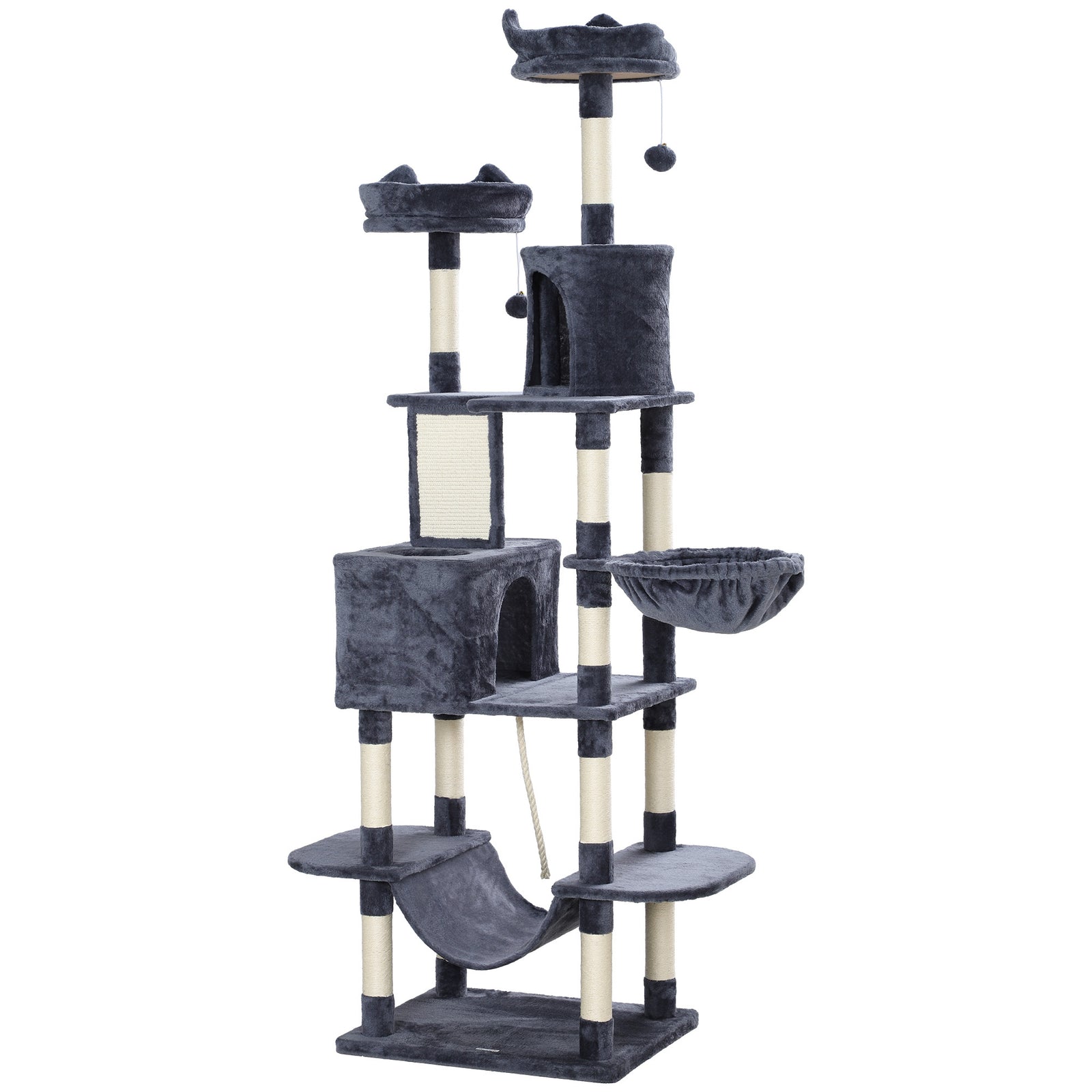 206cm Cat Tree, Multi-Level Cat Tower with Scratching Posts and Board, Beds, Condos, Platforms, Toy Balls, Dark Grey
