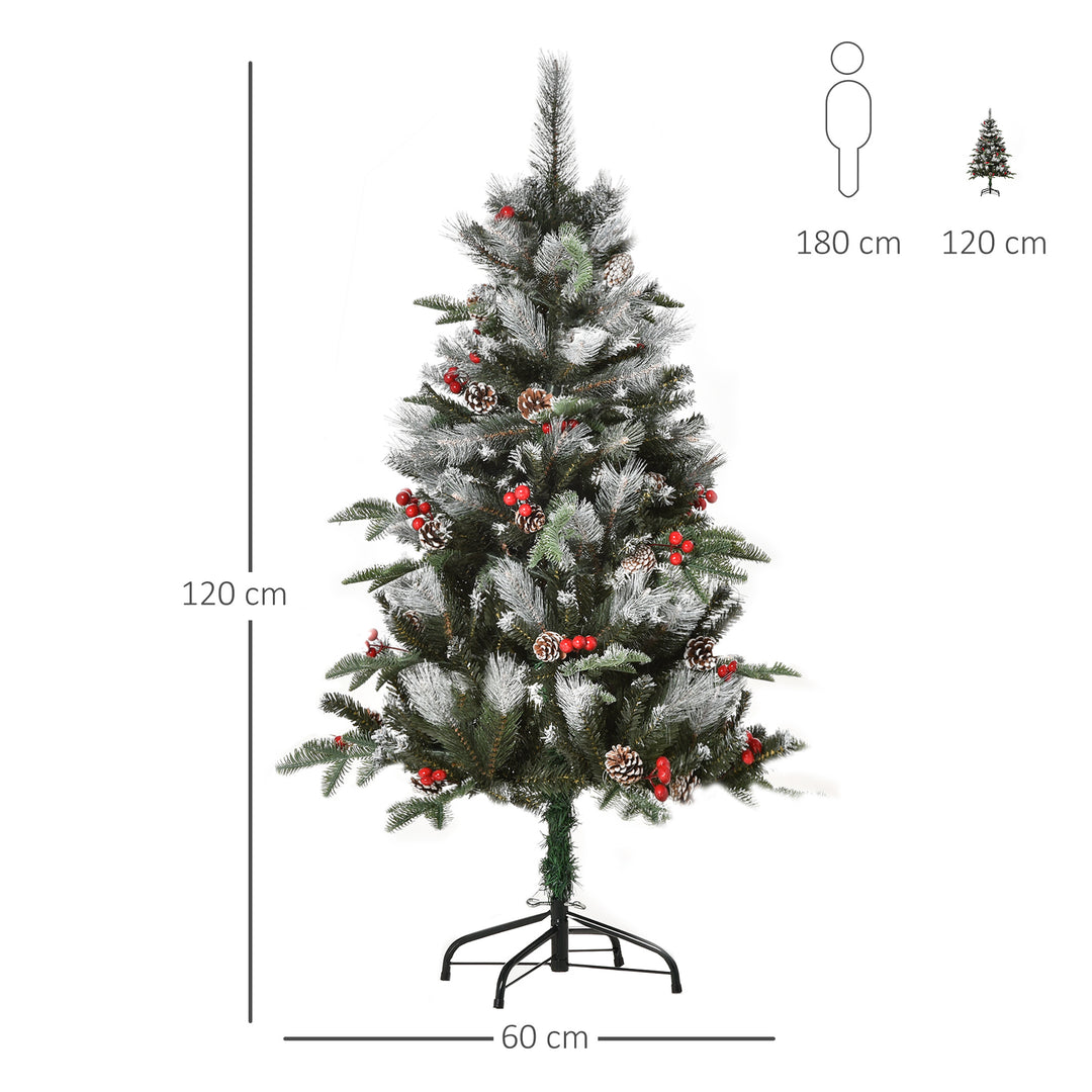 HOMCOM 4FT Artificial Snow Dipped Christmas Tree Xmas Pencil Tree Home Party Decoration w/ Foldable Feet Berries & Pinecones, Green | Aosom UK