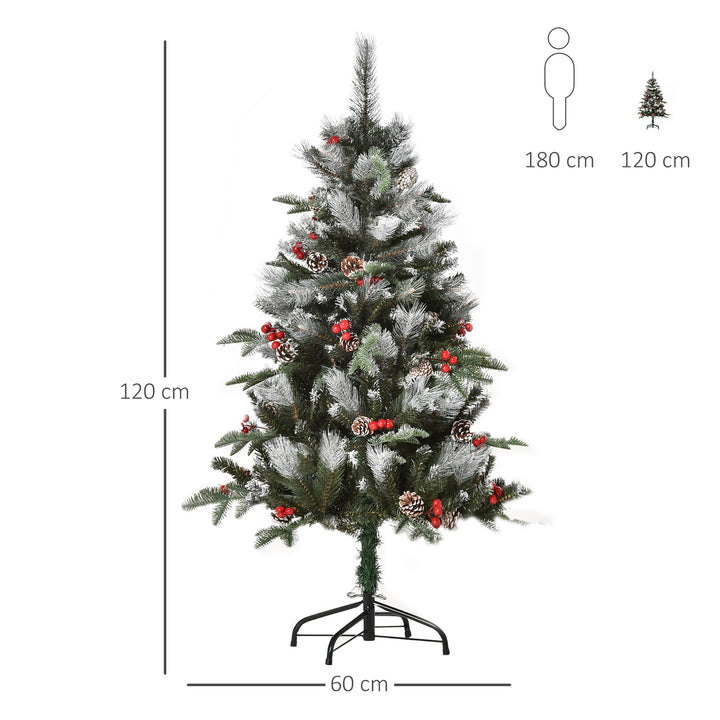 HOMCOM 4FT Artificial Snow Dipped Christmas Tree Xmas Pencil Tree Home Party Decoration w/ Foldable Feet Berries & Pinecones, Green | Aosom UK