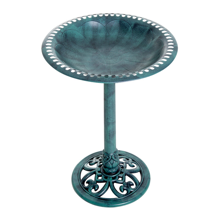 MCL Garden Bird Bath Outdoor Decrative Garden Feeder Stand with Scallop-like Pattern, Time-Worn Finish, 50cm, Green
