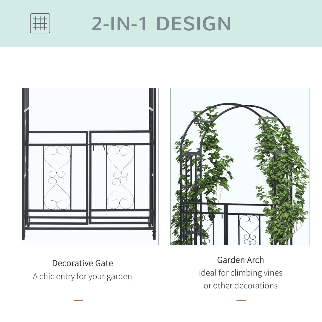 Outdoor Garden Arch with Double Gates, Metal Garden Arbor for Climbing Plants, Roses, Vines, Wedding Arch for Outdoor, 114L x 50W x 206H cm, Dark Grey