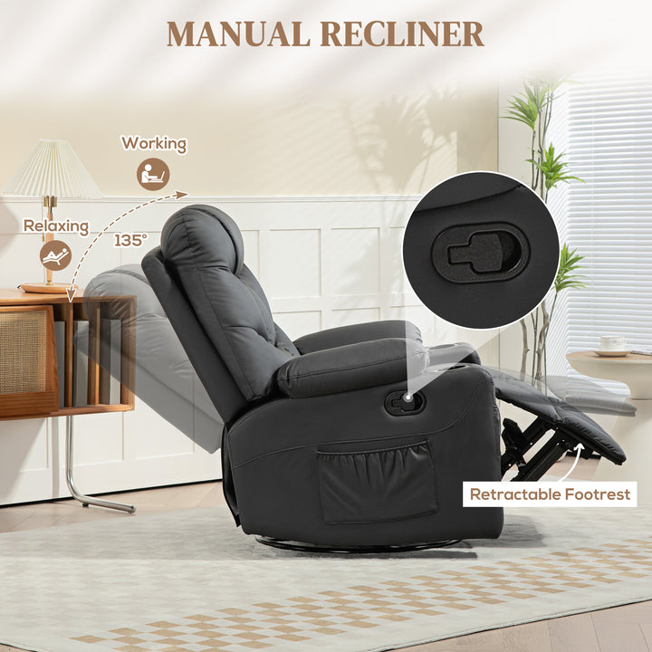 HOMCOM Manual Reclining Chair, Recliner Armchair with Swivel, Faux Leather, Footrest, Cup Holders, 86x93x102cm, Black