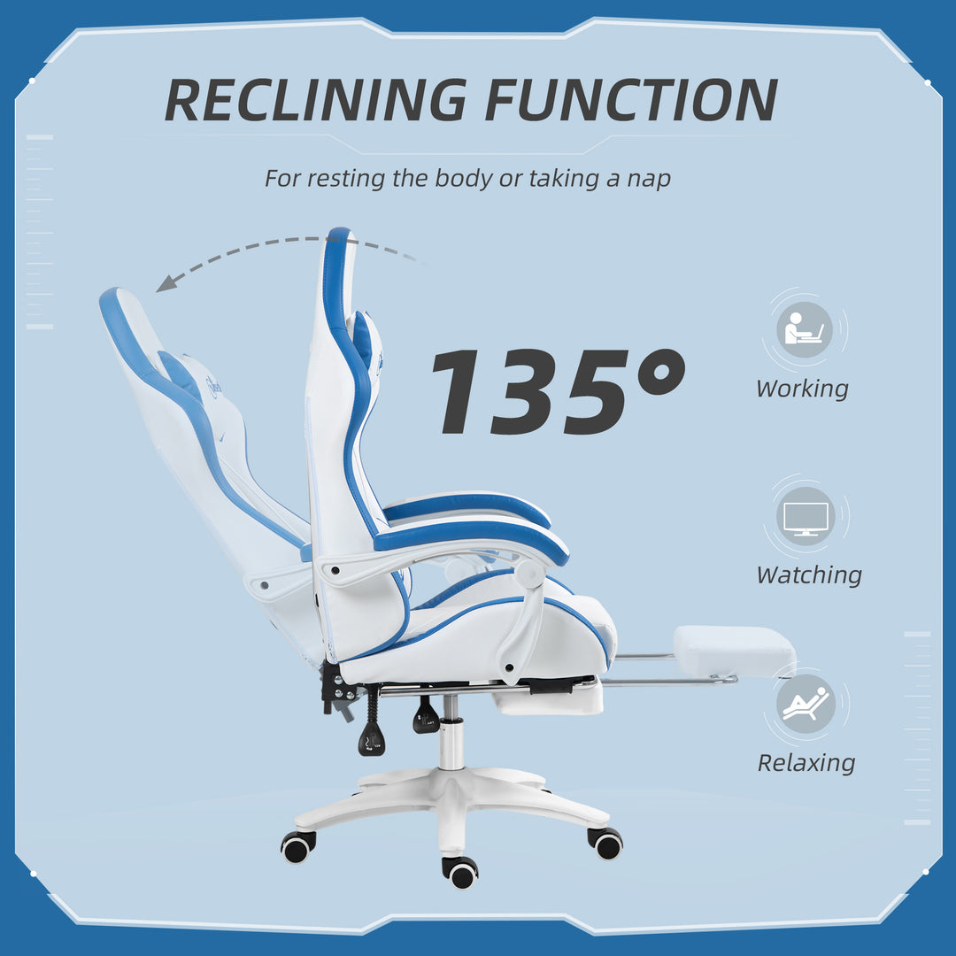 Computer Gaming Chair, PU Leather Office Desk Chair with Footrest, Swivel Wheels, 135° Reclining Back, Lumbar Support, Headrest for Home, White and Blue