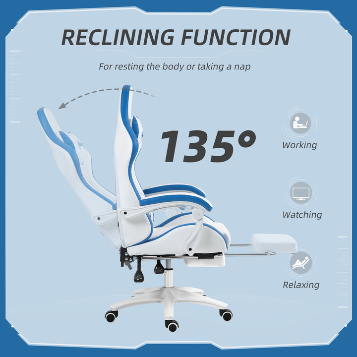 Computer Gaming Chair, PU Leather Office Desk Chair with Footrest, Swivel Wheels, 135° Reclining Back, Lumbar Support, Headrest for Home, White and Blue