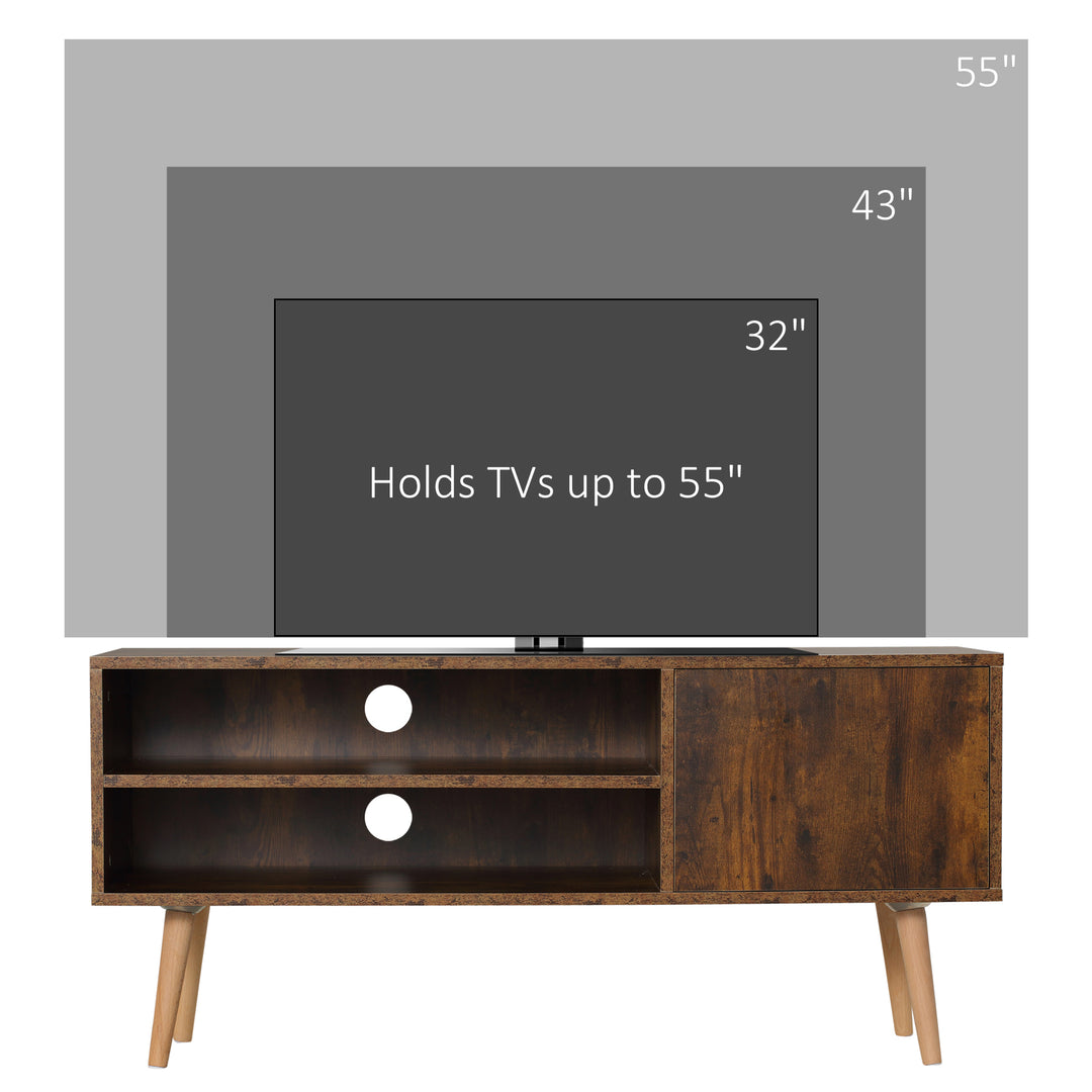 TV Stand Cabinet up to 55 Inches, TV Unit with Single Door and Open Shelves, Cable Holes for Living Room, Bedroom, Brown