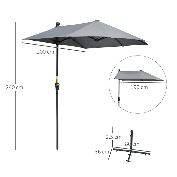 MCL 2m Half Parasol Market Umbrella Garden Balcony Parasol with Crank Handle, Base, Double-Sided Canopy, Dark Grey