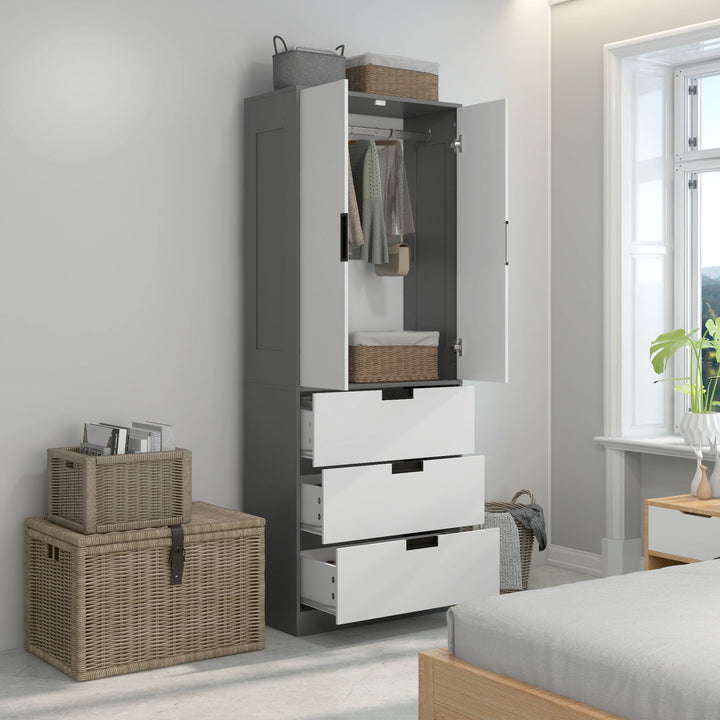 HOMCOM Wardrobe with 2 Doors, Modern Closet with 3 Drawers, Hanging Rod, Bedroom Storage, Grey