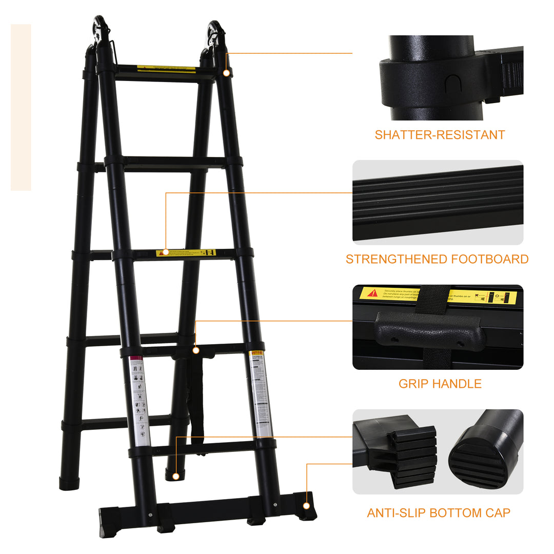 DURHAND 3.2m/10.5ft Telescopic Ladder, Extendable Aluminium Ladder with Anti-slip Pedals, Multi-purpose Portable Foldable 10 Step Ladder, 150kg Capacity, EN131, Black