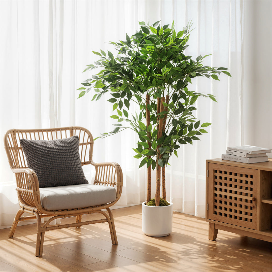120cm Artificial Ficus Tree, Fake Potted Tree with Solid Wood Trunk an