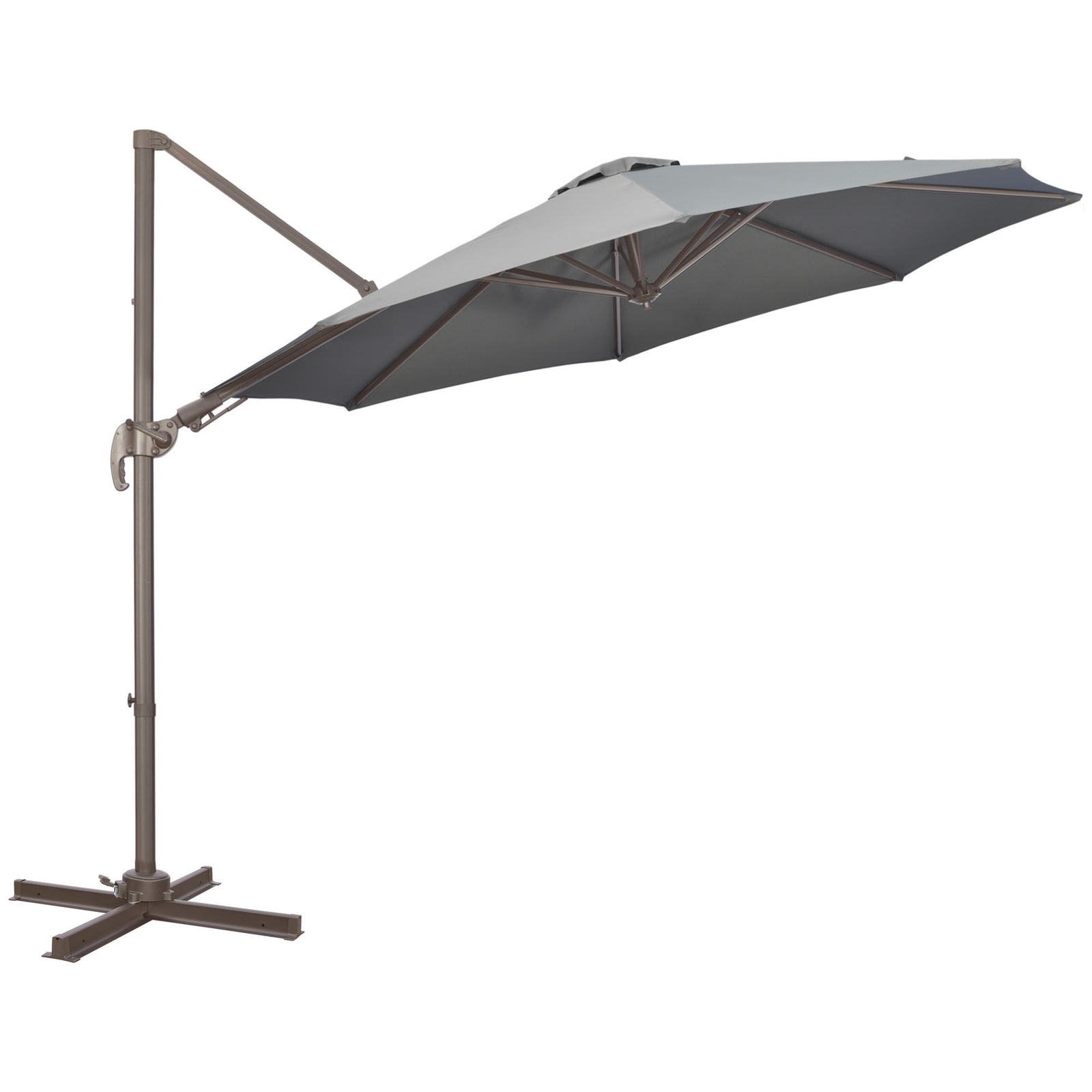 3(m) Cantilever Parasol 360° Rotation Roma Umbrella Hanging Sun Shade with Aluminium Frame, Tilt Crank, 8 Ribs and Cross Base, Dark Grey
