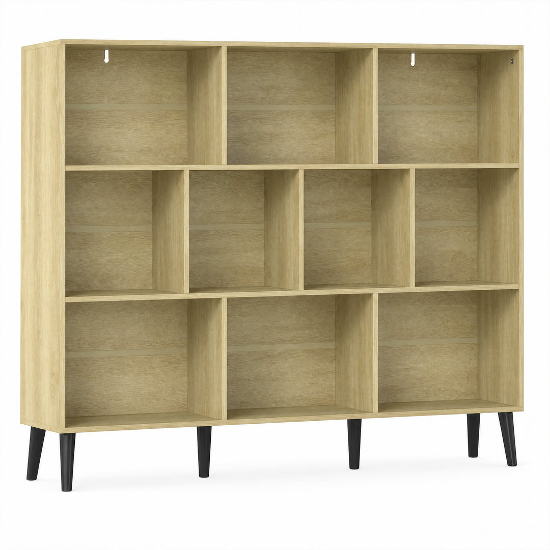 10-Cube Bookcase, 3-Tier Book Shelf with Solid Wood Legs, 140 cm Modern Bookshelf with Anti-Tip Kit for Bedroom, White - Oak