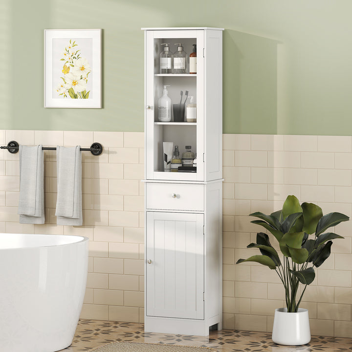 Bathroom Storage Cabinet with 3-tier Shelf Drawer Door, Floor Cabinet Free Standing Tall Slim Side Organizer Shelves, White