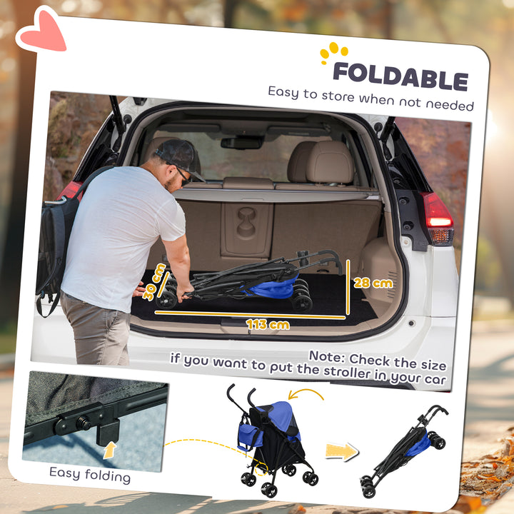 Foldable Dog Stroller, Lightweight Dog Pram w/ Shoulder Strap, Storage Bag, Cup Holder, Dark Blue